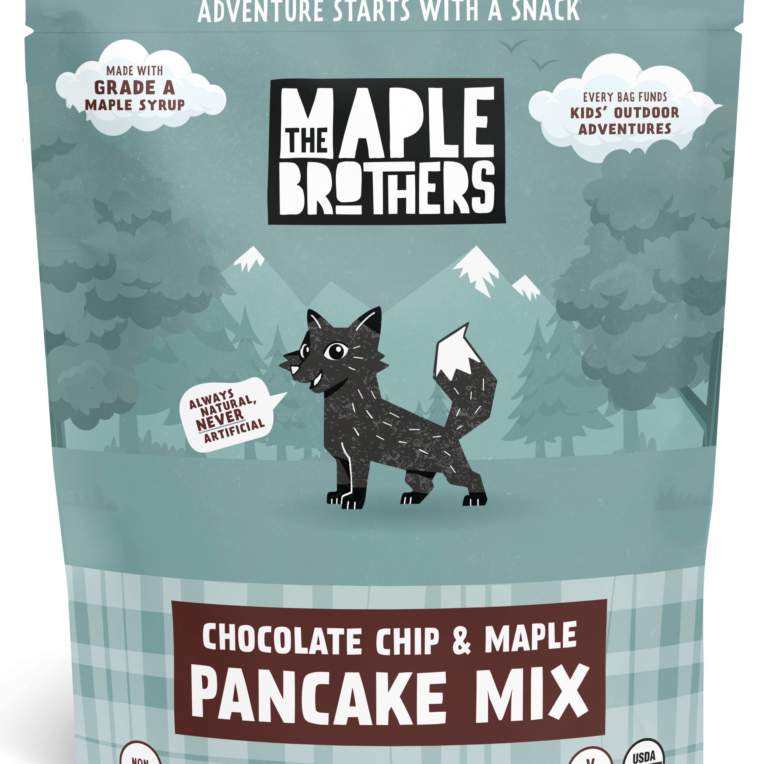 The Maple Brothers Chocolate Chip & Maple Pancake Mix with maple-sweetened vegan natural organic kids snacks for outdoor fun