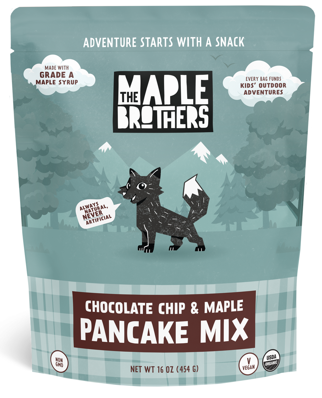 The Maple Brothers Chocolate Chip & Maple Pancake Mix with maple-sweetened vegan natural organic kids snacks for outdoor fun