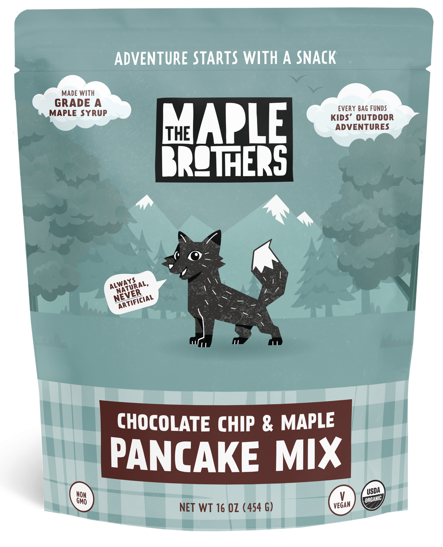 The Maple Brothers Chocolate Chip & Maple Pancake Mix with maple-sweetened vegan natural organic kids snacks for outdoor fun