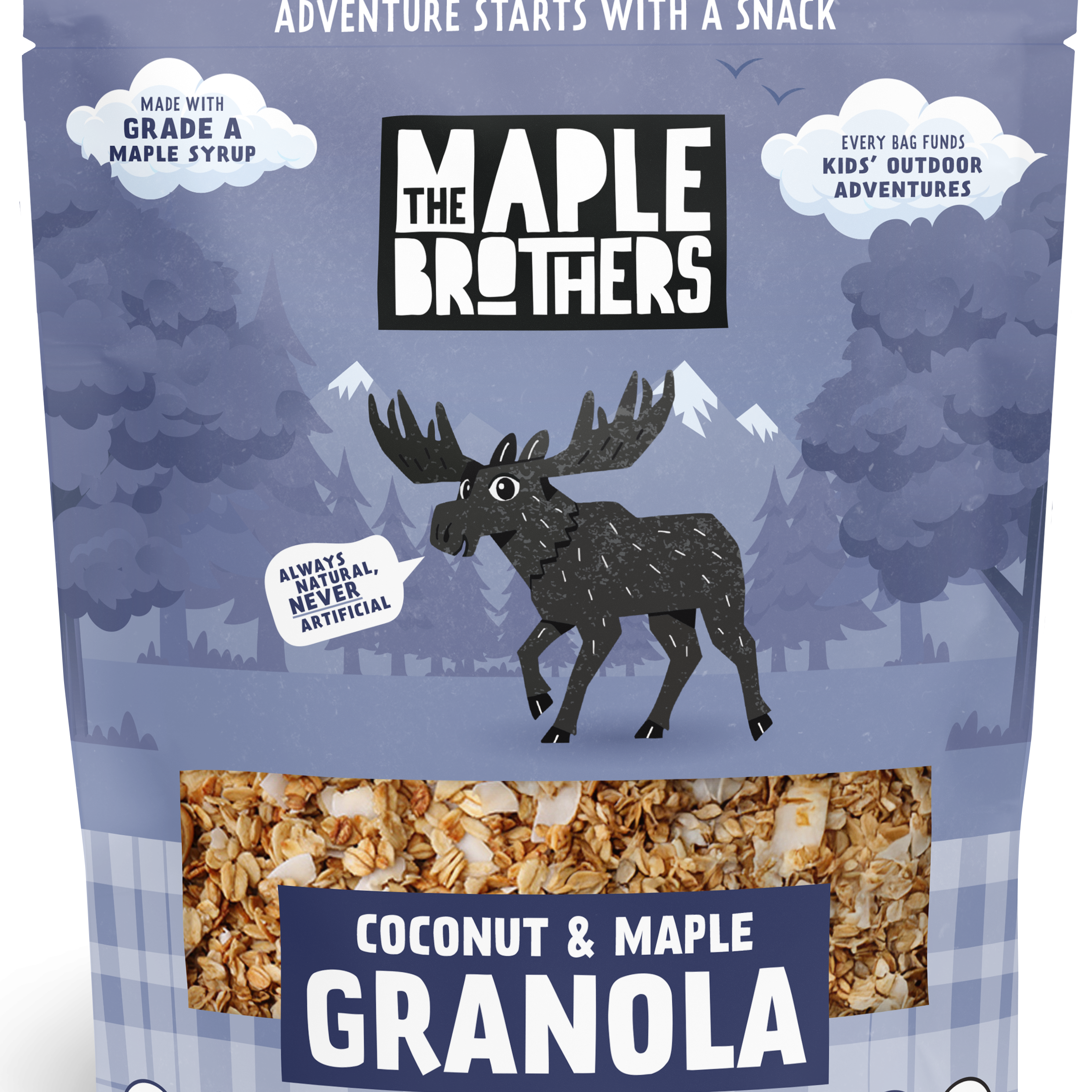 Maple Brothers coconut and maple granola package on a white background