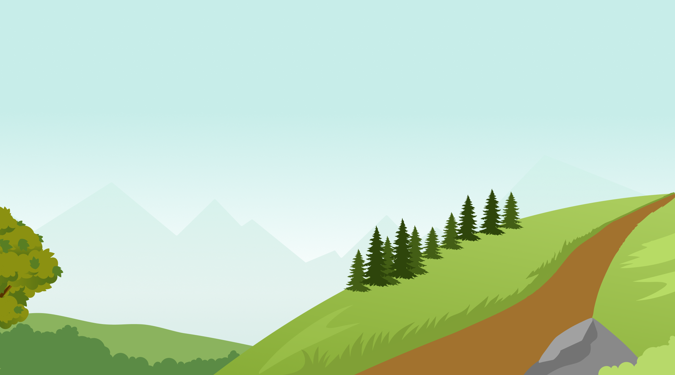 Cartoon landscape with rolling green hills, a dirt path, a cluster of pine trees, a large leafy tree on the left, distant misty mountains, and a clear blue sky—perfect for kids dreaming of organic maple syrup adventures.