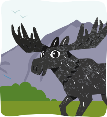 Illustration of a black moose standing in a green field with mountains and birds in the background