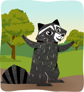 Illustration of a happy raccoon standing with arms open in a green forest with trees and hills in the background
