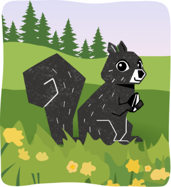 Illustration of a smiling black squirrel holding a snack in a green meadow with trees and yellow flowers.